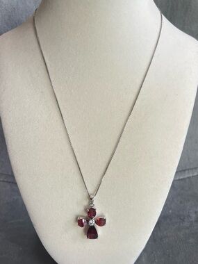 925 Sterling Silver Italy Red Ruby Pear Crystal Cross Pendant Box Chain Necklace